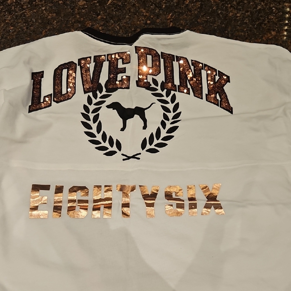 PINK Victoria's Secret White Long Sleeve Tee with Black and Gold Accents